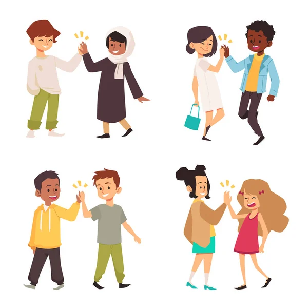 Multiethnic Children Friends Give High Five Greeting Friendly Diverse Kids — Vector de stock