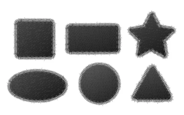 Black Denim Patches Textile Frames Collection Stitch Fringe Different Shapes — Vettoriale Stock