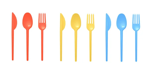 Disposable Plastic Cutlery Templates Set Three Colors Realistic Vector Illustration — Stockový vektor