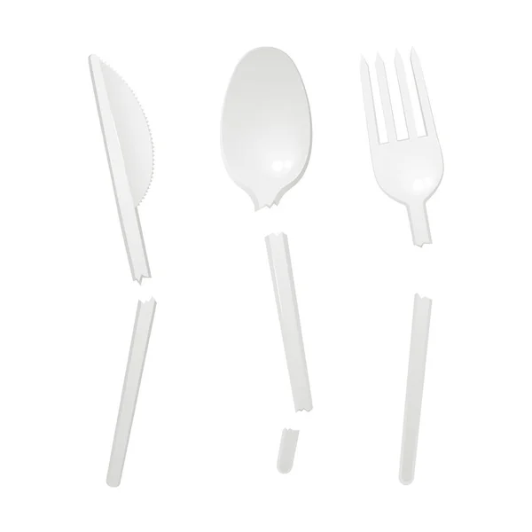 Broken Plastic Cutlery Fork Knife Spoon Realistic Vector Illustration Isolated — Stock Vector