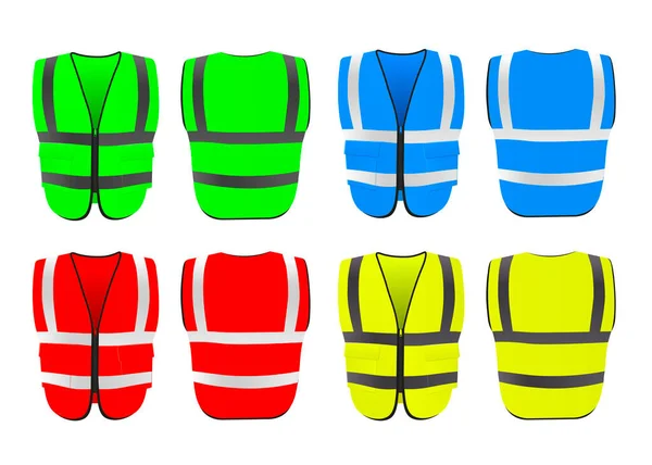 Safety Vests Various Colors Front Back Visible Fluorescent Reflectors Set — Image vectorielle