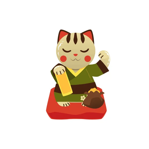 Lucky Money Maneki Neko Cat Raised Paw Cartoon Flat Vector — Stok Vektör