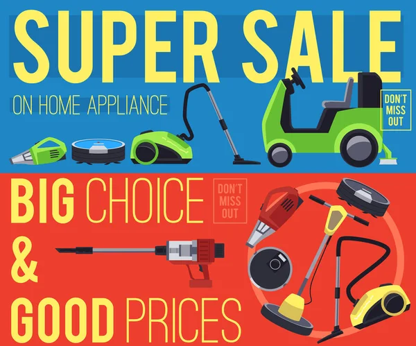 Vacuum Cleaners Super Sale Poster Banner Flat Vector Illustration Vacuum — Vector de stock