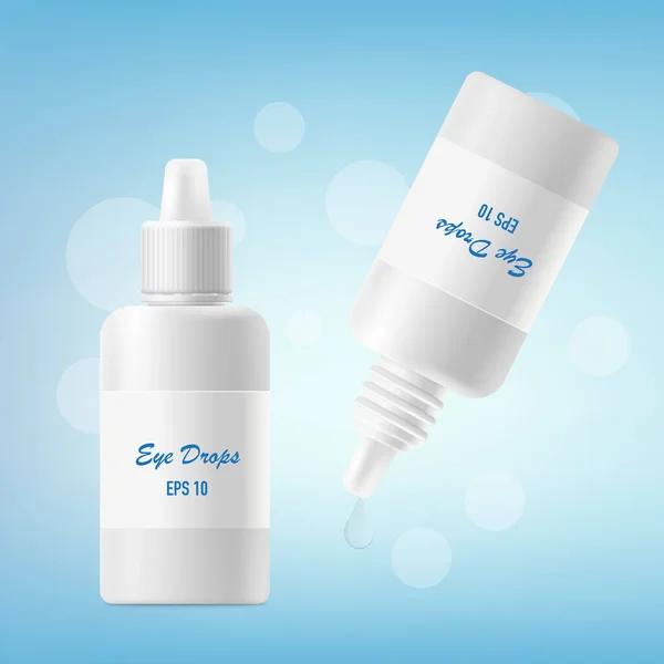 Eye Drops White Plastic Bottles Template Blurred Blue Background Realistic — Vettoriale Stock