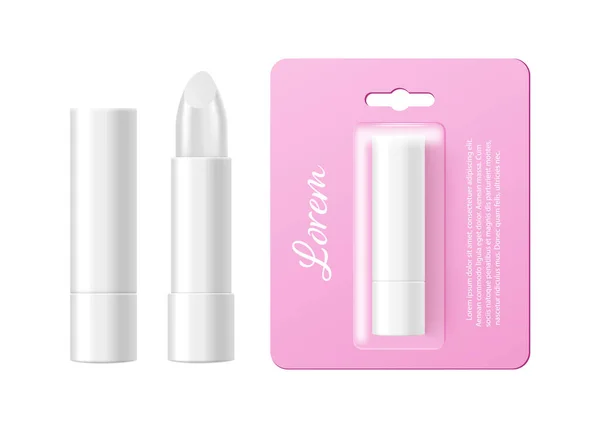 Lip Hygienic Cosmetic Balm Tube Blister Packaging Mockup Realistic Vector — Stockvektor