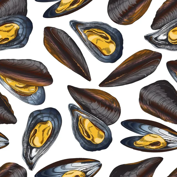 Seamless Repeatable Pattern Texture Mussels Shells Sketch Vector Illustration Hand — Vetor de Stock