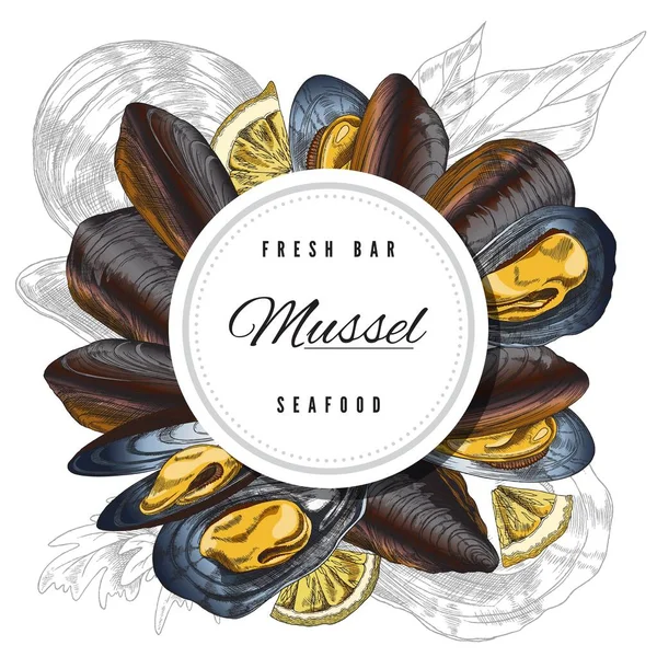 Fresh Mussels Seafood Bar Banner Menu Template Engraving Sketch Style — ストックベクタ