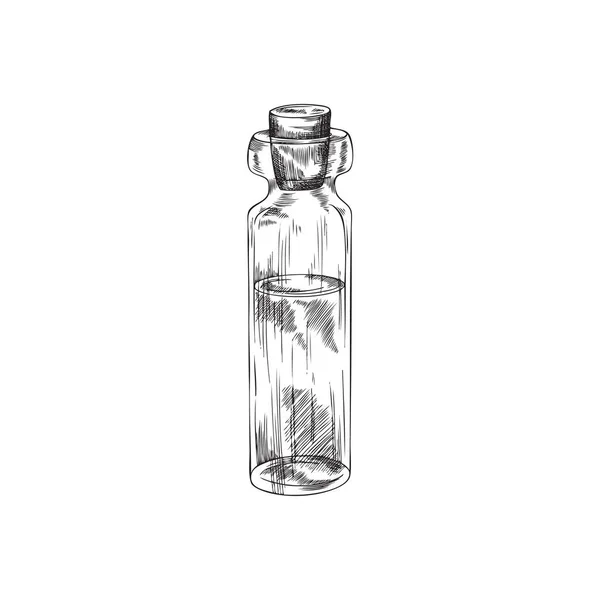 Essential Cooking Oil Vintage Bottle Glass Lid Engraving Hand Drawn — Stok Vektör