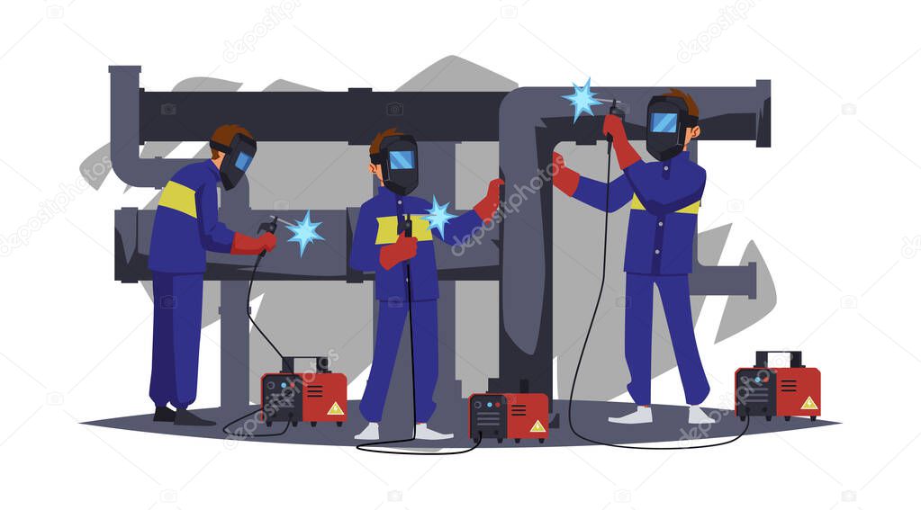 Welders in protective masks working on pipeline, flat cartoon vector illustration isolated on white background. Banner for welding and metallurgical industry.