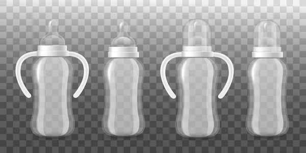 Realistic Empty Baby Bottles Handles Cap Vector Illustration Isolated Transparent — ストックベクタ