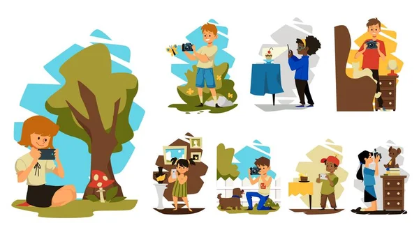 Kids Taking Photographs Pictures Nature Environment Flat Vector Illustration Isolated — 图库矢量图片