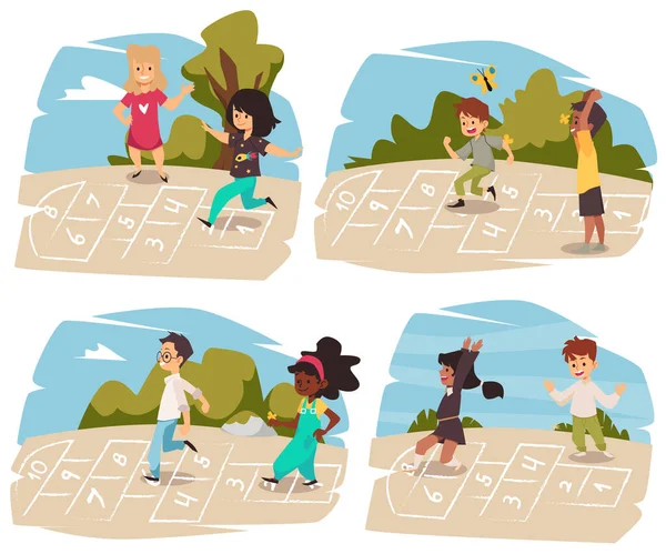 Child Hopscotch Cartoon Vector Illustration Set Diverse Kids Different Race - Stok Vektor
