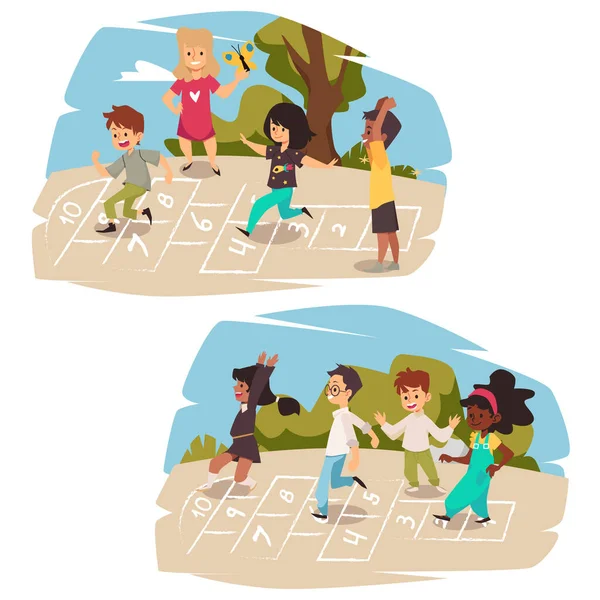 Children Playing Hopscotch Having Fun Cartoon Flat Vector Illustration Isolated — Vettoriale Stock