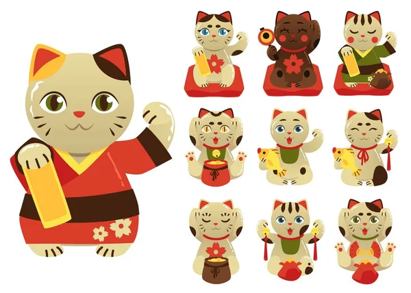 Maneki Neko Cats Talismans Mascotes Set Flat Vector Illustration Isolated — Stockový vektor