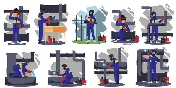 Welding Industrial Work Banners Worker Characters Flat Vector Illustration Isolated — Stock vektor