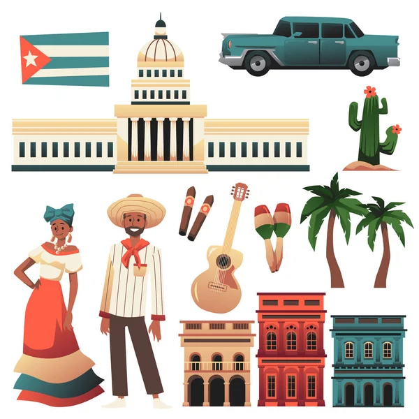 Cuban Traditional Cultural Elements Flag Architecture People Music Flat Vector — 스톡 벡터