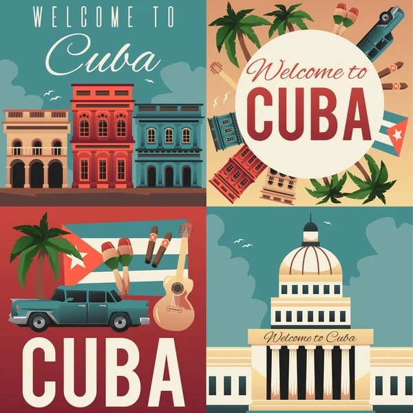 Cuba Welcoming Posters Set Traditional Travel Elements Flat Vector Illustration — Archivo Imágenes Vectoriales