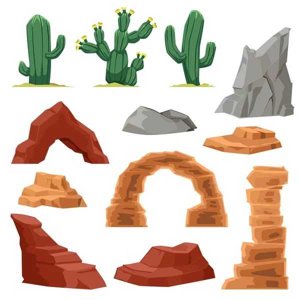 Desert Stones Plants Set Flat Vector Illustration Isolated White Background — 스톡 벡터