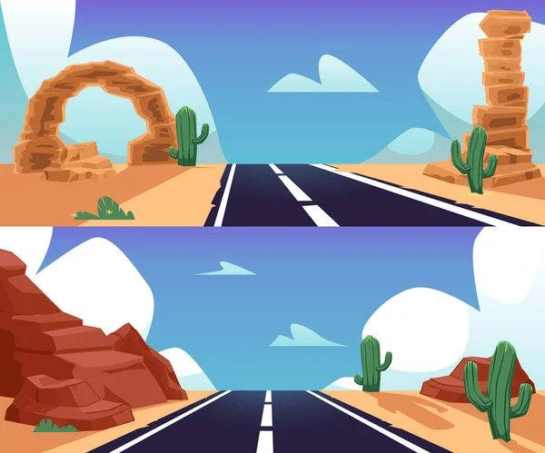 Desert Landscape Highway Road Flat Vector Illustration Set Wild Nature — 스톡 벡터