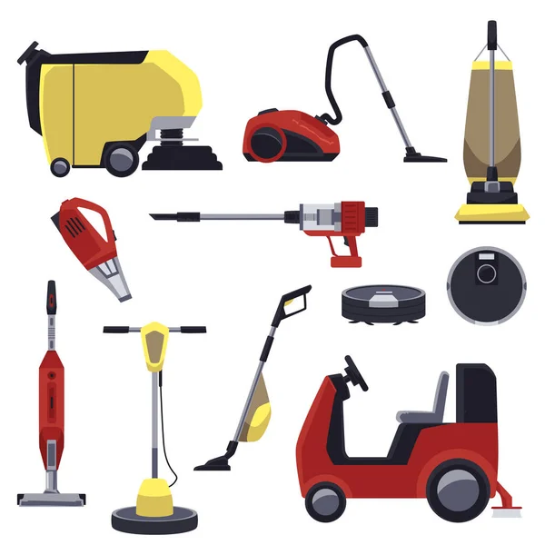 Vacuum Cleaner Professional Domestic Equipment Tools Set Flat Vector Illustrations — Archivo Imágenes Vectoriales