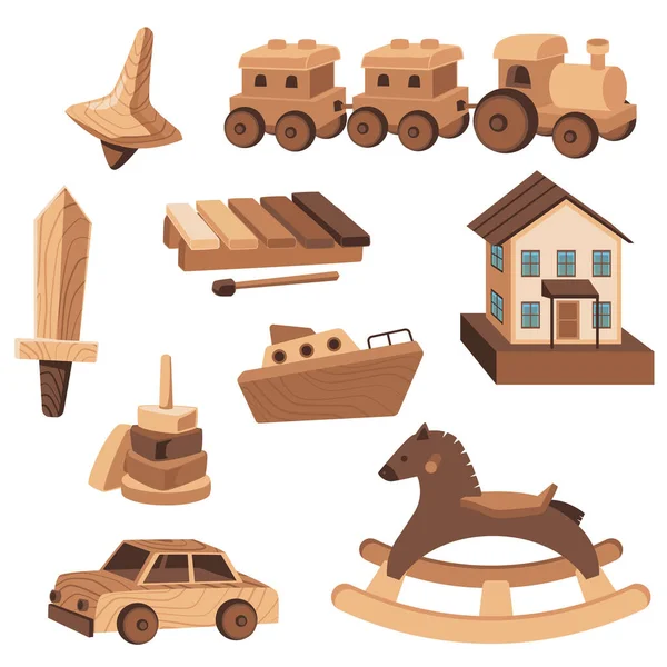 Wooden Kids Toys Preschool Education Set Flat Vector Illustrations Isolated — Stok Vektör