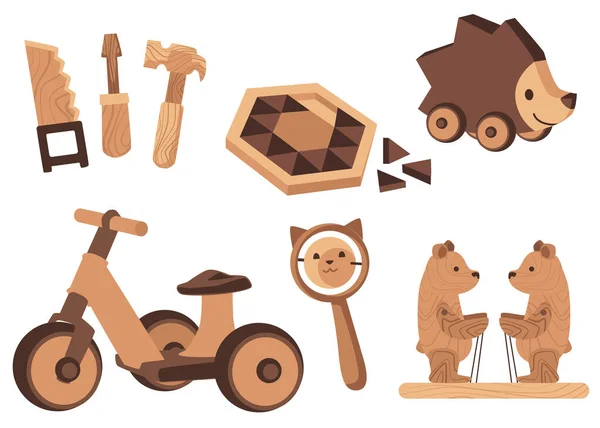 Wooden Kids Toys Educational Puzzle Games Set Flat Vector Illustrations — Vettoriale Stock