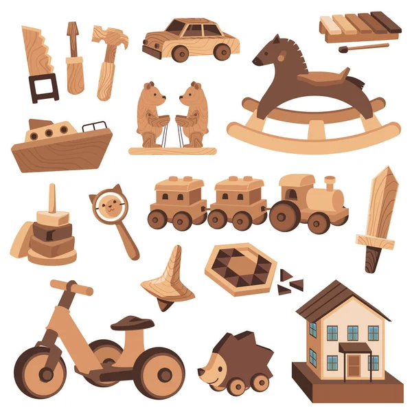 Kids Wooden Toys Toy Tools Set Children Handmade Vintage Playthings — Stock Vector