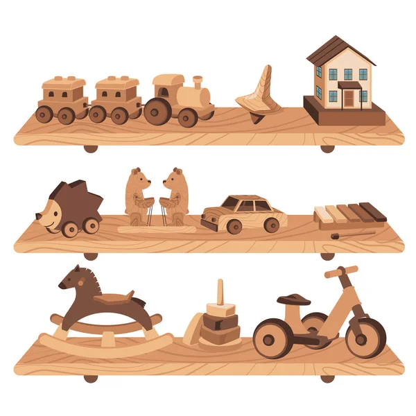 Shelves Wooden Toys Games Flat Vector Illustration Isolated White Background — 图库矢量图片