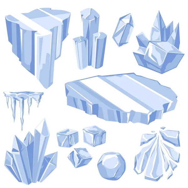 Ice Blocks Frozen Crystals Set Flat Vector Illustrations Isolated White — 스톡 벡터