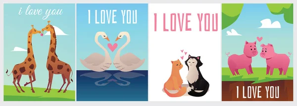 Cute Animals Love Kissing Giraffes Swans Cats Pigs Poster Templates — Archivo Imágenes Vectoriales