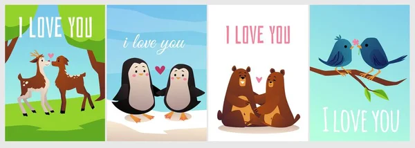 Couples Animals Set Postcard Posters Cute Deers Penguins Birds Bears — Archivo Imágenes Vectoriales