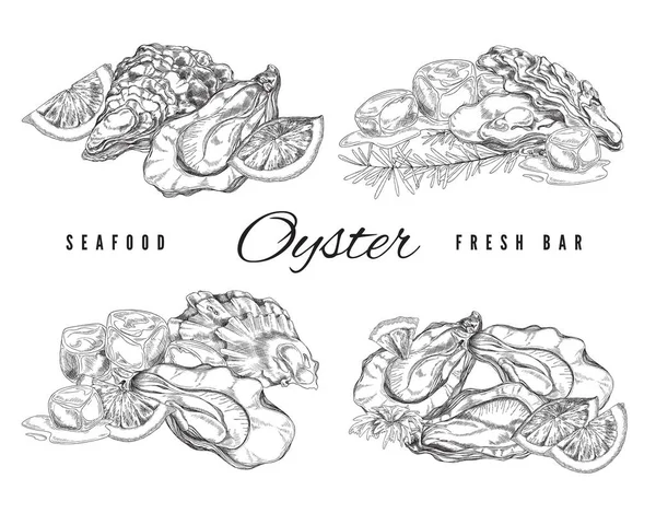 Seafood Bar Design Compositions Set Oyster Shells Served Other Food —  Vetores de Stock