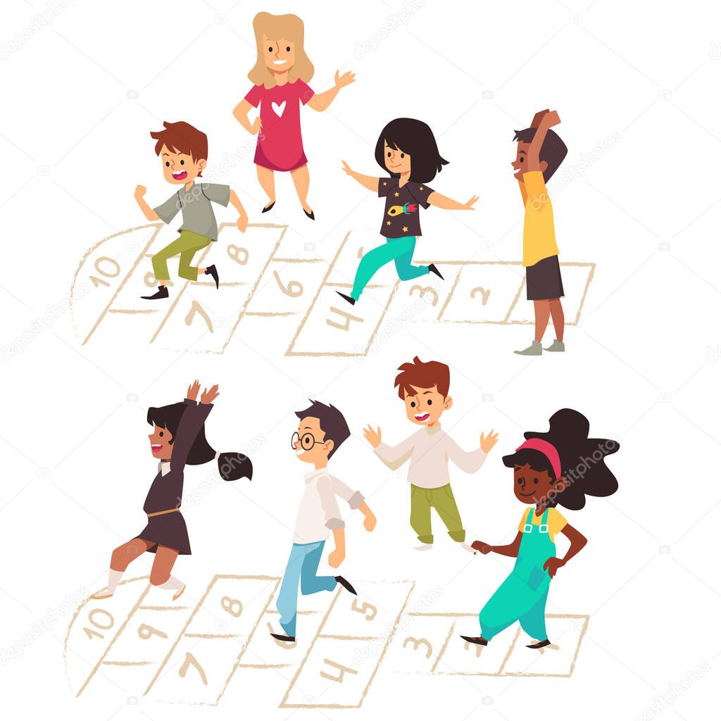Child play hopscotch, isolated. Little kids, black, hispanic and white, jump around hop scotching, play activity game. Cartoon vector illustration.