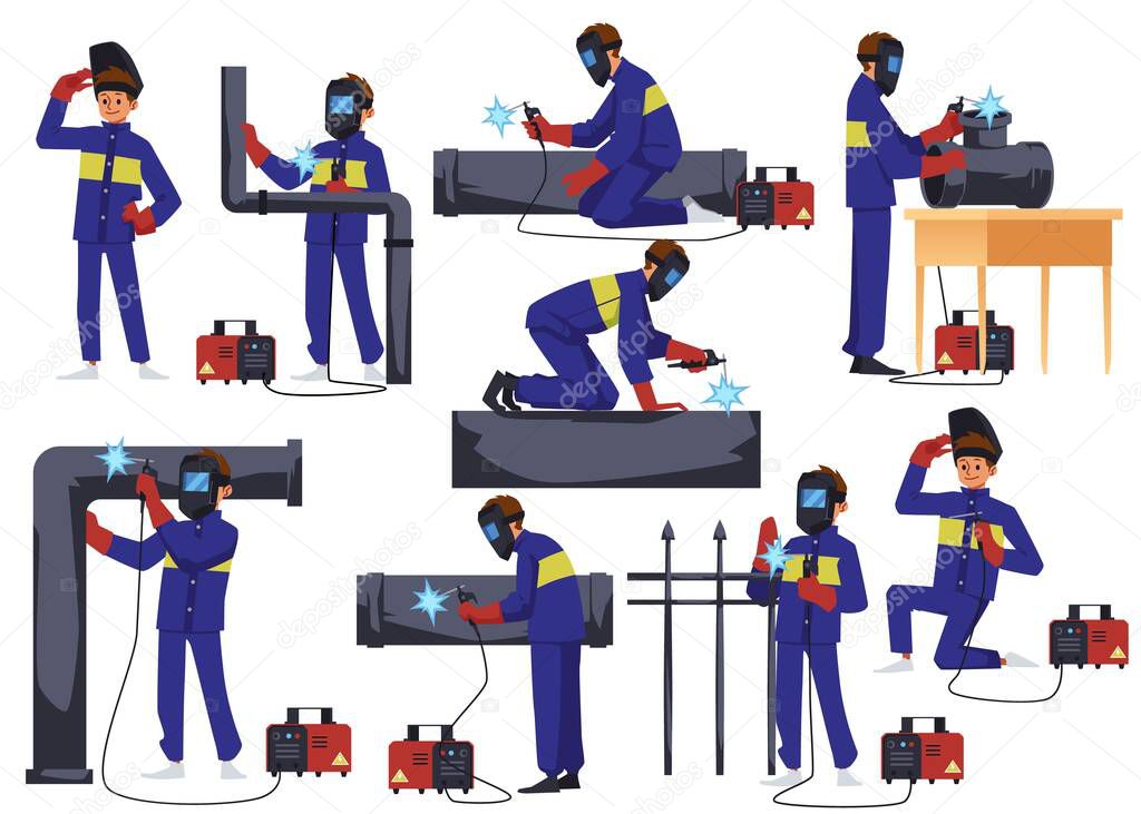 Welders male characters set with welding equipment at work, cartoon flat vector illustration isolated on white background. Welding professionals collection.