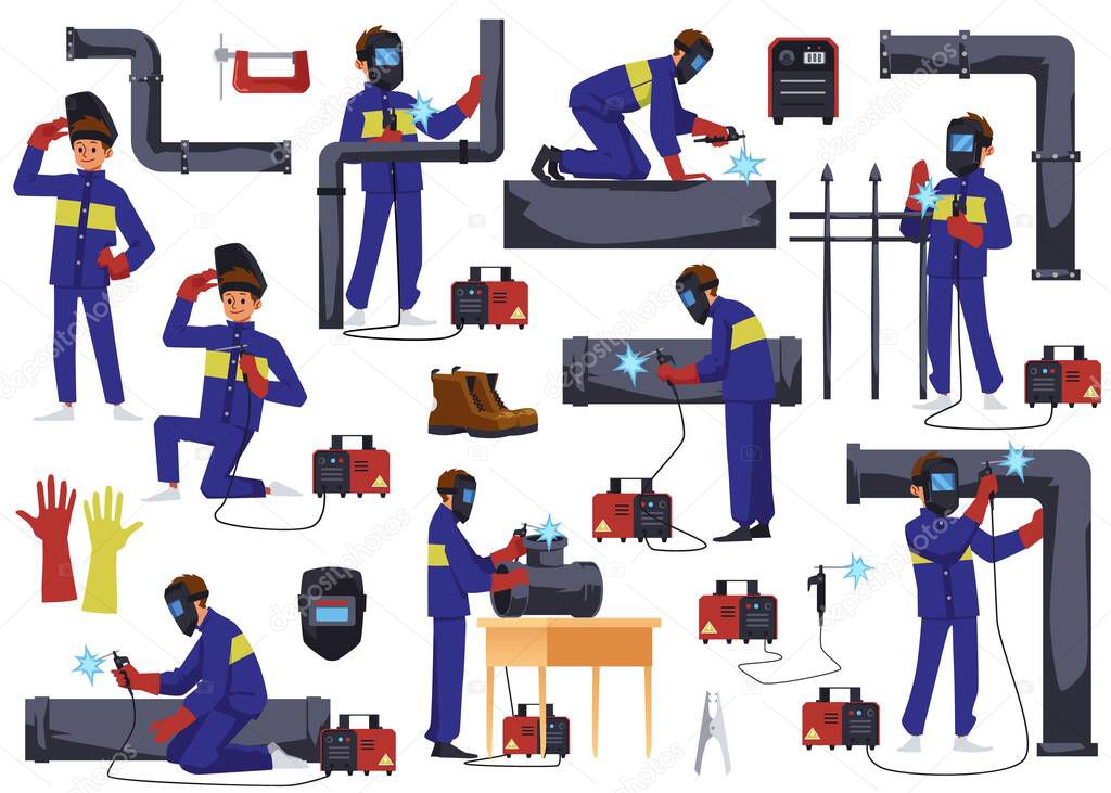 Welder workers characters set welding pipeline, cartoon flat vector illustration isolated on white background. Working welders with equipment collection.