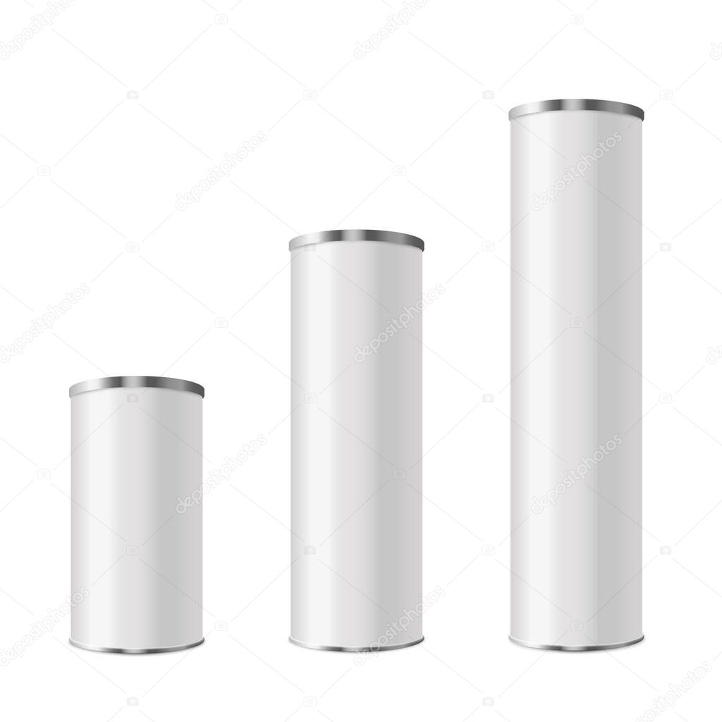 Cylindrical tubes of different sizes with lid, realistic 3d vector illustration isolated on white background. Cardboard or plastic package mockup.