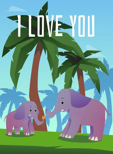 Love You Card Design Mother Valentine Day Family Elephants Flat — Archivo Imágenes Vectoriales