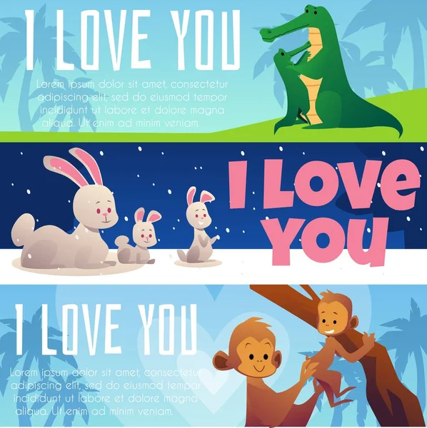 Love You Horizontal Flyers Set Animals Families Flat Cartoon Vector — Archivo Imágenes Vectoriales
