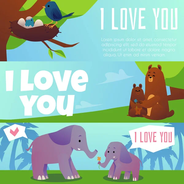 Love You Card Flyer Templates Set Hugging Loving Animals Mothers — Archivo Imágenes Vectoriales