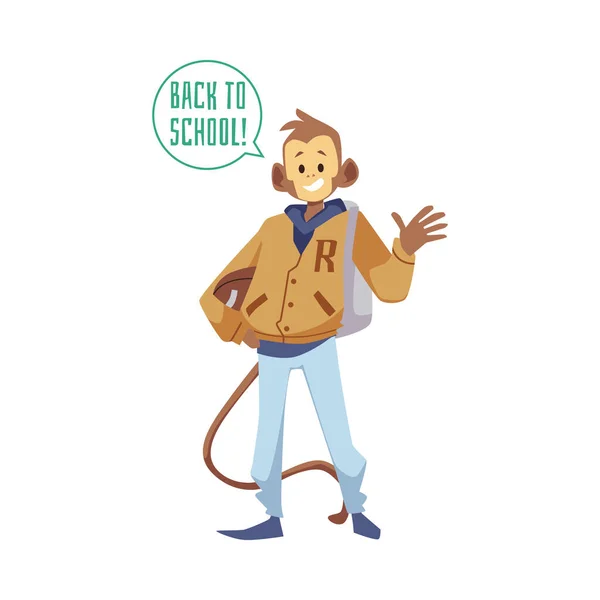 Monkey Schoolboy Anthropomorphic Animal Character Back School Text Speech Buble — ストックベクタ