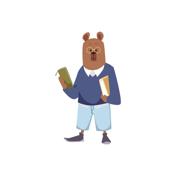 Bear Student Schoolboy Anthropomorphic Animal Character Flat Cartoon Vector Illustration — Vetor de Stock