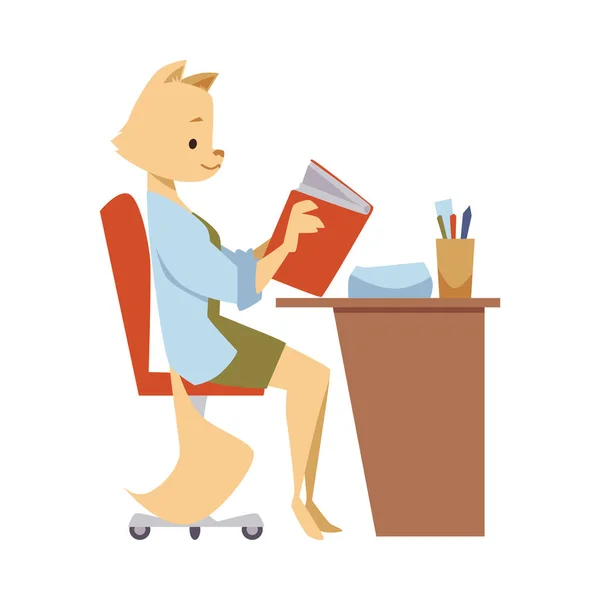 Cute Cat Anthropomorphic Character Sitting Desk Book Studying Flat Cartoon — Stockový vektor