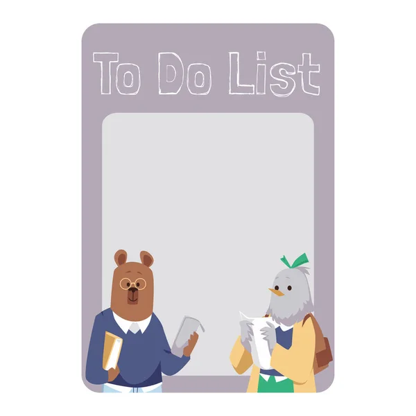 Cute List Template Animal Students Illustrations Flat Vector Bear Pigeon — Archivo Imágenes Vectoriales