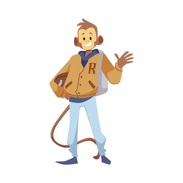 Funny Animal Student Monkey Wearing Bomber Jacket Flat Vector Illustration — Wektor stockowy