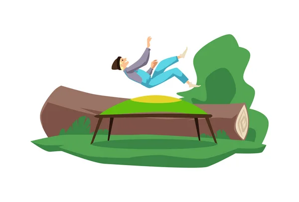 Smiling Man Teenager Jumping Trampoline Outdoors Flat Vector Illustration Isolated — Vettoriale Stock