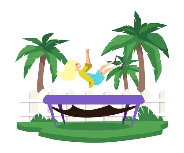 Girl Has Fun Jumping Trampoline Beach Flat Vector Illustration White — Stok Vektör