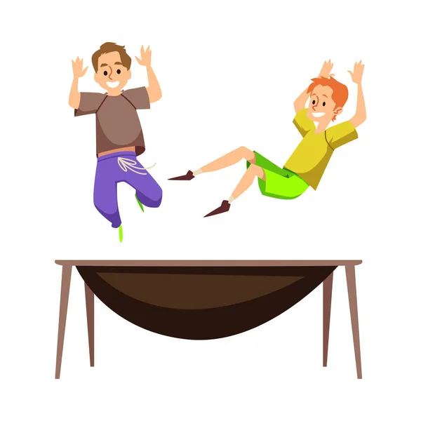 Two Boys Happily Jumping Trampoline Flat Vector Illustration Isolated White — Stockvektor