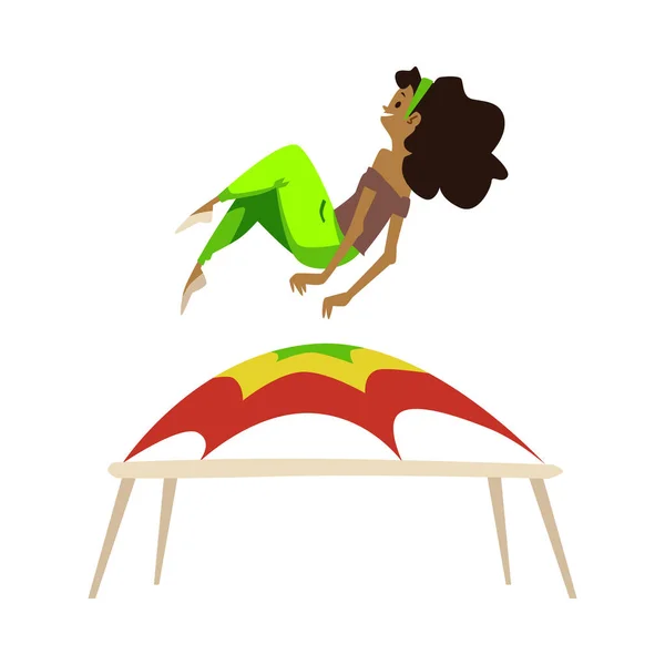 Young Girl Jumping Trampoline Flat Cartoon Vector Illustration Isolated White — Vettoriale Stock