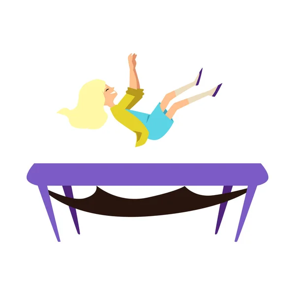 Happy Girl Falling Jumping Trampoline Flat Vector Illustration Isolated White — Vetor de Stock