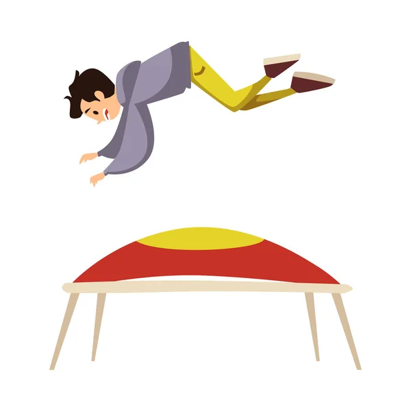 Young Guy Does Acrobatic Gymnastic Exercises Trampoline Flat Cartoon Vector — Vetor de Stock